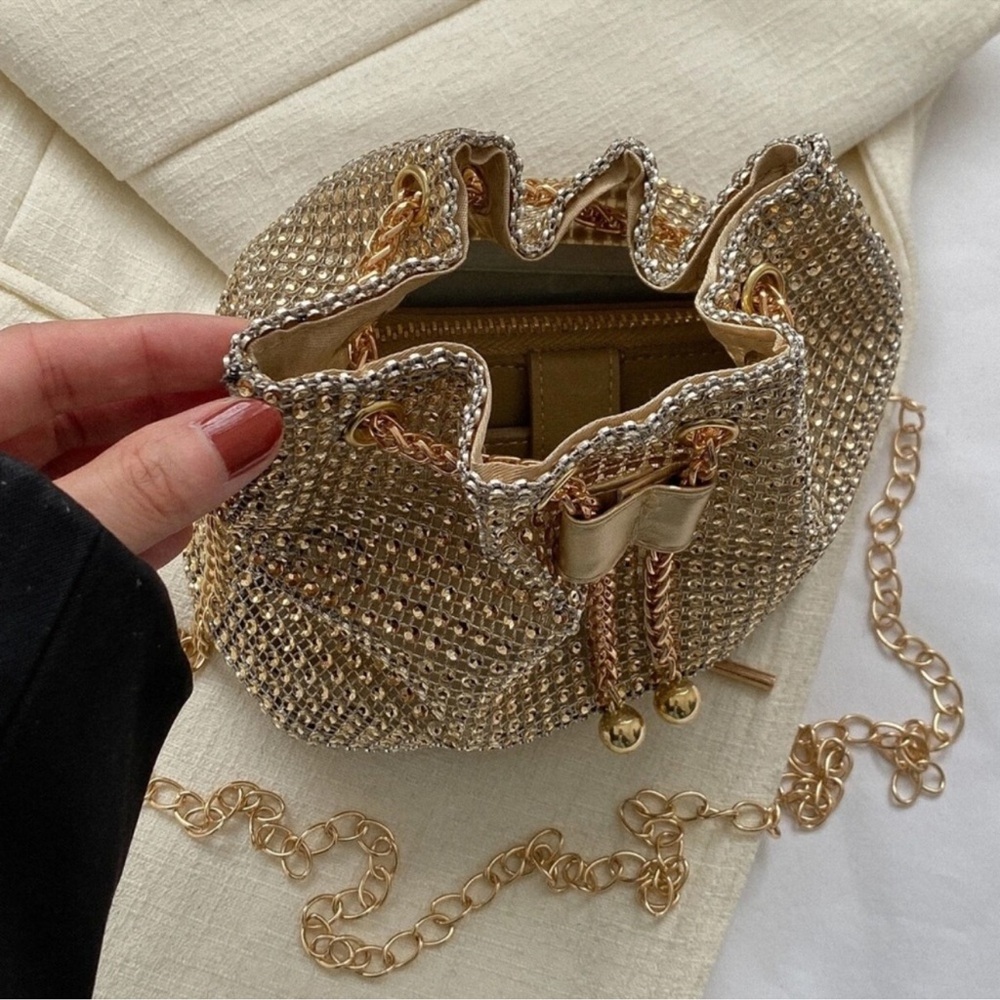 Luxe Textured Chain Handle Bucket Evening Party Formal Shoulder Crossbody - Picture 3 of 5
